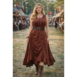 Scarlet Darkness Midi Dress . Medieval Renaissance Xl Brown Lace Ruffle Hem